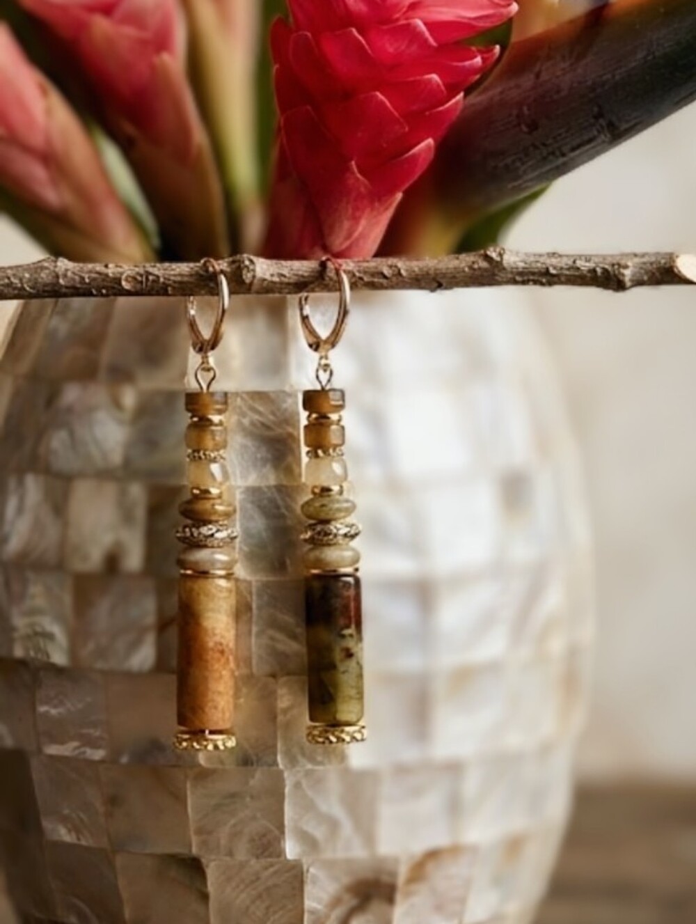 Natural Stacked Ancient Jade In Earth Colors Gold Plated Artisan Made Earring